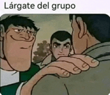 a cartoon of three men standing next to each other and one of them is holding another man 's hand .