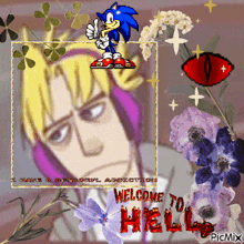 a cartoon of a man with headphones and a sonic character says welcome to hell