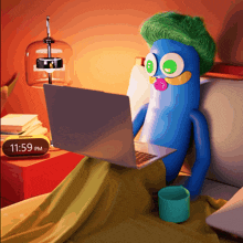 a cartoon character sits on a couch using a laptop and a clock shows the time as 11:59 pm