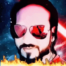 a man with a beard wearing sunglasses and headphones with a red light behind him
