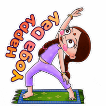 a cartoon drawing of a girl doing yoga with the words happy yoga day below her