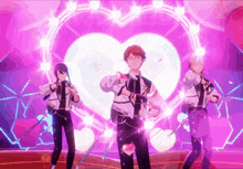 three anime characters are dancing on a stage in front of a heart