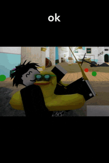 a cartoon character with a yellow duck on his shoulder and the word ok below him