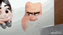 a cartoon character with a beard is looking at another cartoon character 's face .