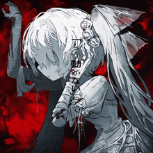 a black and white drawing of a bride with blood coming out of her hand