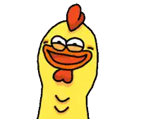 a yellow chicken with a red crest is smiling and looking up