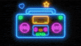 a neon sign of a boombox with a star on top .