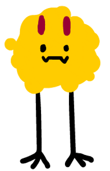 a cartoon drawing of a yellow object with black legs and red eyes