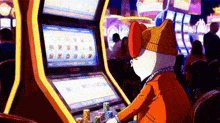 a cat is playing a slot machine in a casino .