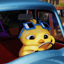 a yellow cartoon chicken wearing sunglasses is driving a blue car