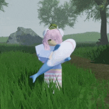 a girl with pink hair and a frog on her head is holding a fish in a field