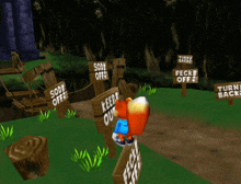 a cartoon character stands next to a wooden sign that says keep out