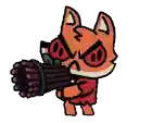 a cartoon fox with red eyes is holding a gun in its mouth .