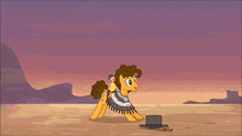 a cartoon pony wearing a sombrero is flying over a hat in the desert