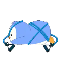 a cartoon of a penguin tied up with a blue balloon
