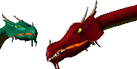 a green dragon and a red dragon are looking at each other on a white background