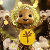 a cartoon tree holding a yellow coin with a t on it