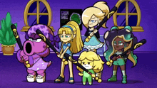 a group of cartoon characters holding bats in front of a green shell sign