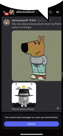 a phone screen shows a message from slimchicken29 asking someone to draw his rob avatar as chill guy