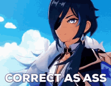 a cartoon character is standing in front of a blue sky with the words `` correct as ass '' .