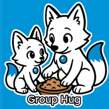 two cartoon foxes are holding a bowl of food with the words group hug below them