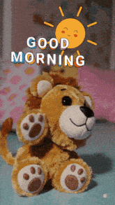 a stuffed lion with the words good morning written on it