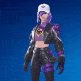 a girl with purple hair is wearing a hat and a leather jacket