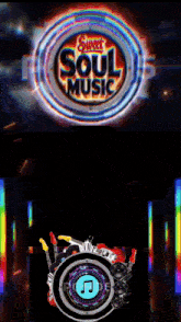 a poster for sweet soul music with a drum and guitars on it