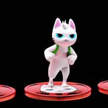 a white cat with a green backpack is jumping over a red coin