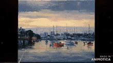 a painting of boats in a harbor is made in animatica