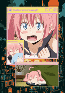 a pixel art of a girl with pink hair and blue eyes is displayed