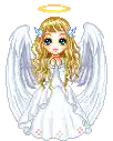 a pixel art of a girl in a white dress with wings and a halo on her head .