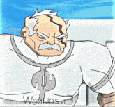 a cartoon drawing of a man with a wrench on his chest