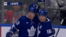 two hockey players from the toronto maple leafs celebrate a goal