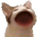 a pixel art of a cat with its mouth open and looking up .