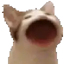a pixel art of a cat with its mouth open and looking up .