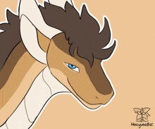 a drawing of a brown and white dragon with blue eyes