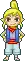 a pixel art drawing of a boy with blonde hair and shorts standing with his hands in his pockets .