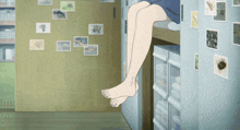 a person sitting on a shelf with their feet up
