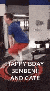a man is jumping on a trampoline in a gym with the words `` happy bday benben ! ''