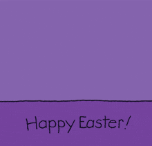 a happy easter greeting card with a bunny and chicks on a purple background