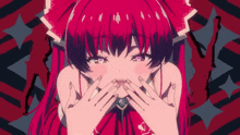 a girl with red hair and purple eyes is covering her face with her hands