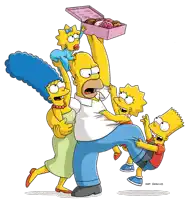 a cartoon of homer simpson holding a box of donuts with his family