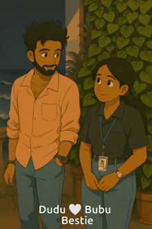 a cartoon of a man and a woman standing next to each other with the words dudu bubu bestie on the bottom