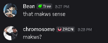 a screenshot of a conversation between bean tree and chromosome zrcn