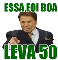 a man in a suit and tie pointing at the camera with the words " essa foi boa leva 50 " behind him