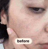 a close up of a woman 's face with a before sticker on it
