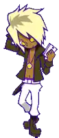 a cartoon character with blonde hair and yellow eyes is holding a cell phone .