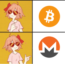 a girl wearing sunglasses is pointing at a bitcoin and a monero logo