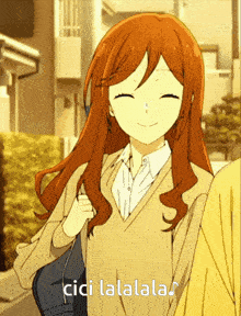 a girl with red hair is smiling with the words cici lalala